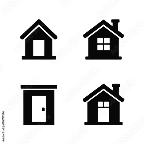 Simple house and door glyph icons set for app ui, realtor branding, mortgage event, property search interface, minimal architecture design