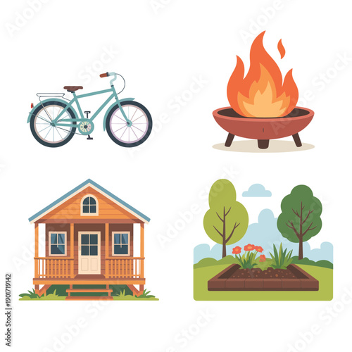 Tiny house with bicycle and raised garden bed, eco friendly living icons for camping resort, homestead poster, travel lifestyle design