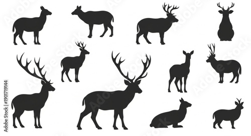 Collection of Deer Silhouettes in Various Poses.