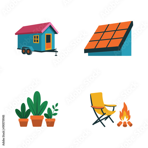 Tiny mobile home, solar panel, potted plants and camp chair icons, sustainable camping vector for eco resort, outdoor living design