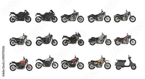 Collection of Diverse Motorcycles and Scooters on White Background.