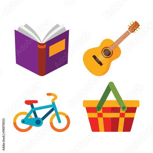 Book, guitar, bicycle and picnic bag icons, weekend leisure set for community event flyer, park concert, reading day design template