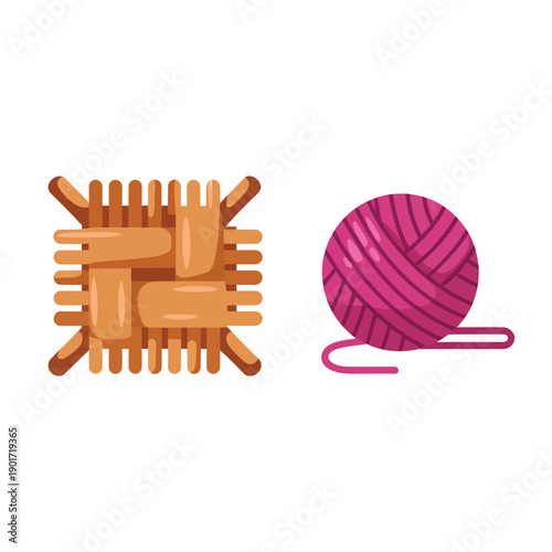 Weaving and knitting icons with square loom and pink yarn ball, textile craft workshop graphic, handmade studio branding design template