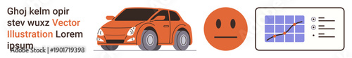 Automotive industry, emotion analysis, data visualization, statistics, business analytics, technology. Orange car illustration, neutral emotion face data graph. Automotive and data visualization
