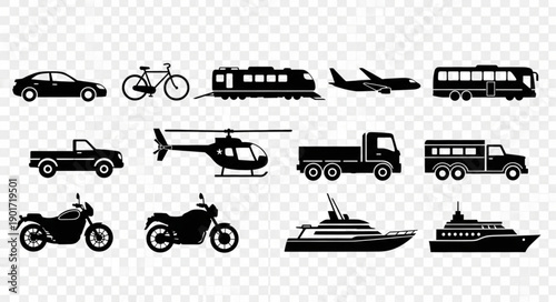 Collection of diverse transportation vehicle silhouettes on transparent background.