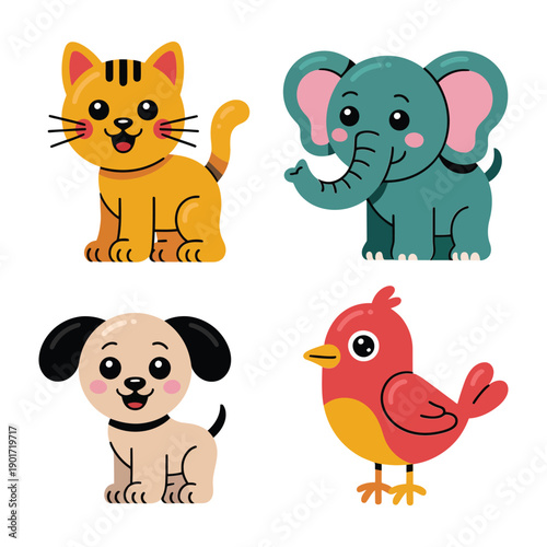 Cartoon cat, elephant, puppy and bird icons for preschool event posters, animal day session graphics, kids party vector illustration
