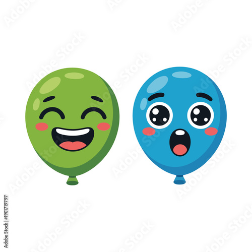 Emoji balloons pair vector with happy and surprised faces, party decoration clipart for kids birthday, carnival poster, celebration design