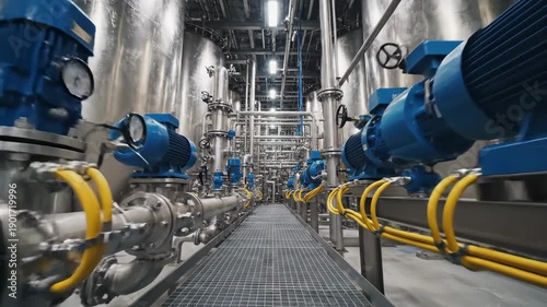 Massive industrial corridor lined with stainless steel tanks and blue electric motors, perfect for showcasing modern manufacturing and chemical processing infrastructure.