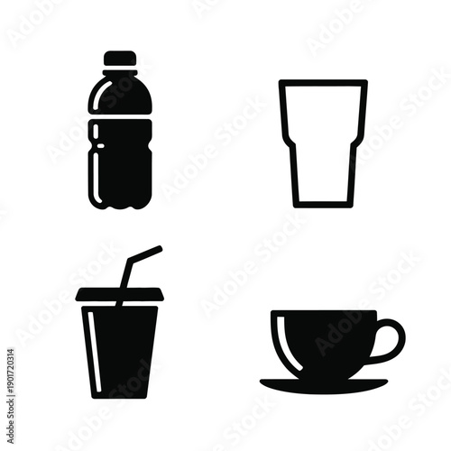 Beverage container silhouettes set, bottle, cup, glass and coffee mug, food expo signage, tasting session icons, cafe vector illustration pack