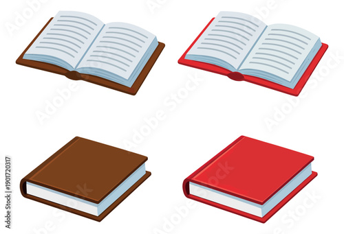Cartoon illustration set featuring open and closed books for education and learning