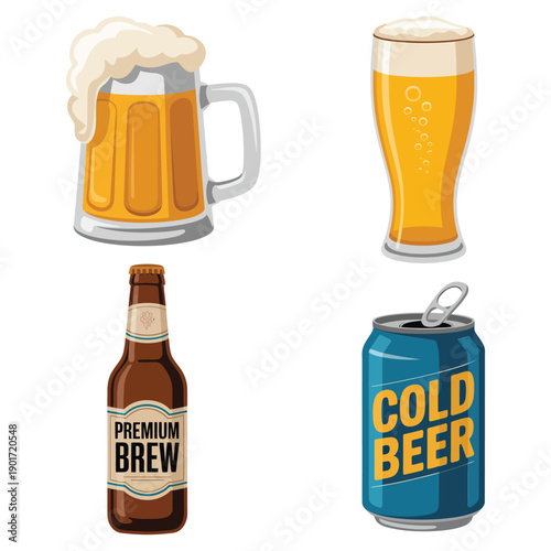 Assorted beer drinks vector collection with foamy mug, tall pint, bottle, can, craft beer week, bar signage, tasting poster