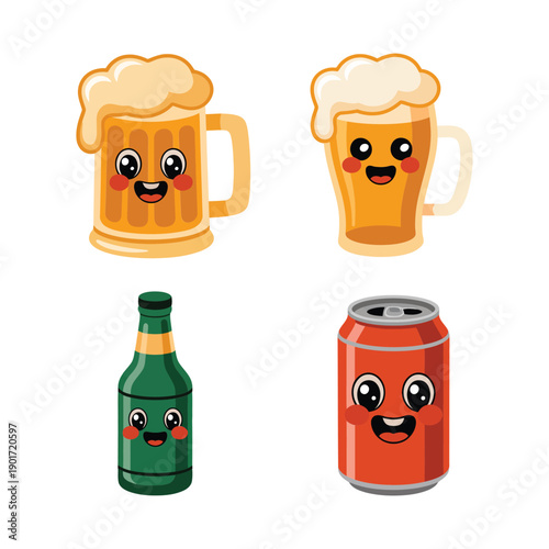 Kawaii beer set with foamy mugs, green bottle, orange can, festival sticker pack, bar menu graphic, celebration event illustration