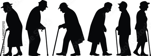 Senior people silhouette set elderly men women walking with cane isolated white background vector illustration collection