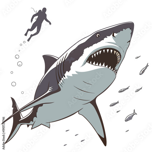 Gray shark with open mouth approaching scuba diver and small fish underwater