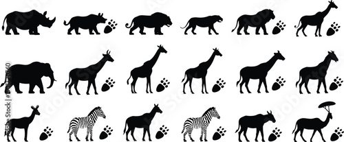 African animal silhouette collection lion elephant giraffe zebra rhino isolated white background safari wildlife vector illustration set