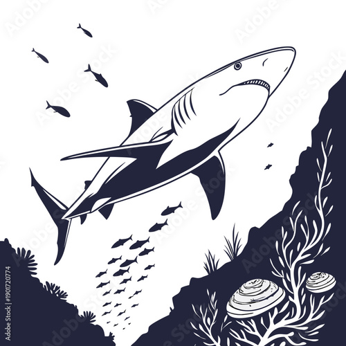 Large shark swimming through ocean with coral reef and schools of fish