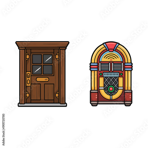 Pub entrance and jukebox icons, taproom night poster, bar trivia session, open mic set, happy hour menu graphic, community gathering