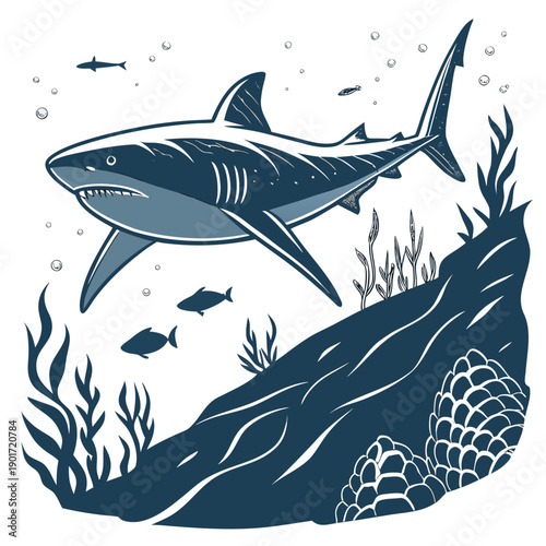 Large shark swimming through ocean with seaweed and coral