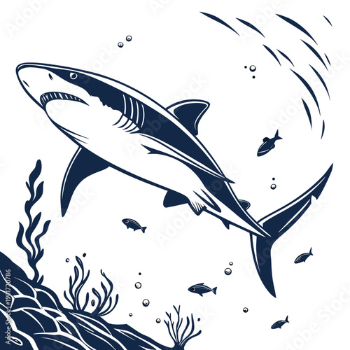 Large shark swimming through ocean with fish and seaweed