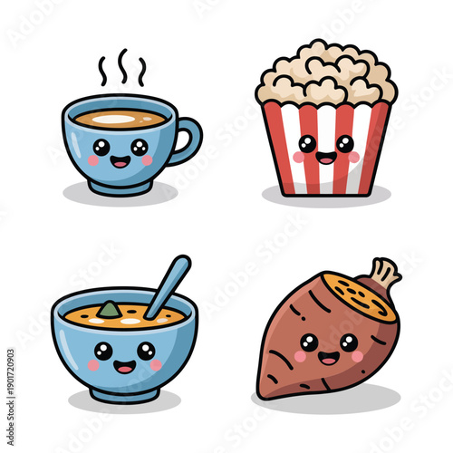 Cozy cafe set with smiling coffee cup and popcorn, winter movie marathon poster, cocoa bar session, pajama night event