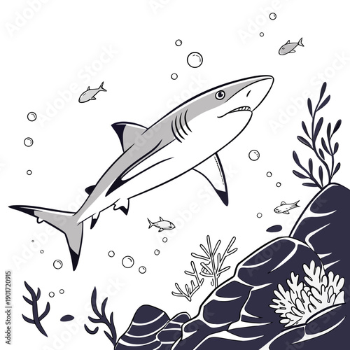 Shark gliding past rocky seabed with underwater plants and small fish