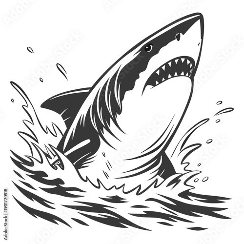 Shark emerging from water with open mouth and sharp teeth