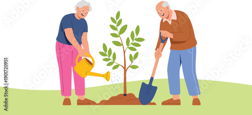 Elderly Couple Gardening Vector Illustration of Seniors Planting and Watering
