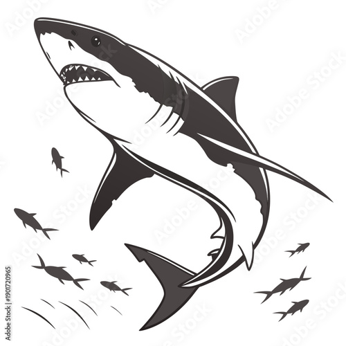 Shark in stealth hunting mode with tense posture among smaller fish