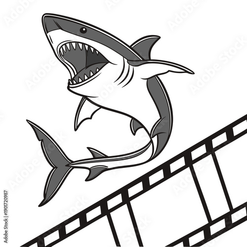 Shark jumping out of strip black and white cartoon
