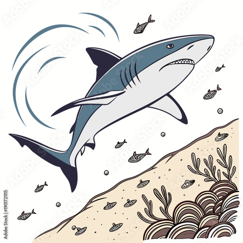 Shark swimming near seabed with small fish and seaweed