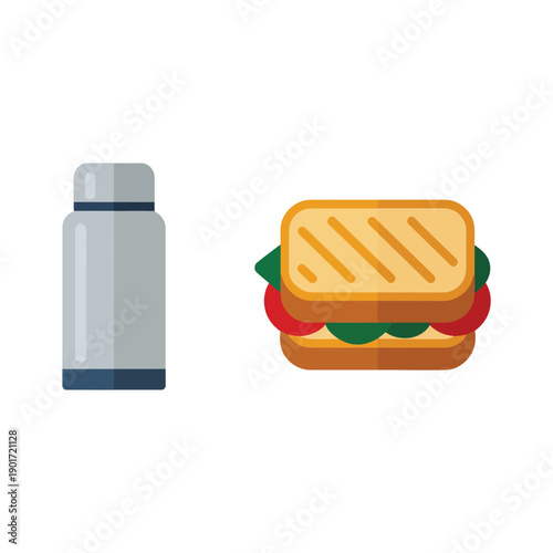Hiking picnic kit icons, stainless thermos bottle and fresh sandwich, outdoor adventure poster, trail lunch preparation session vector illustration