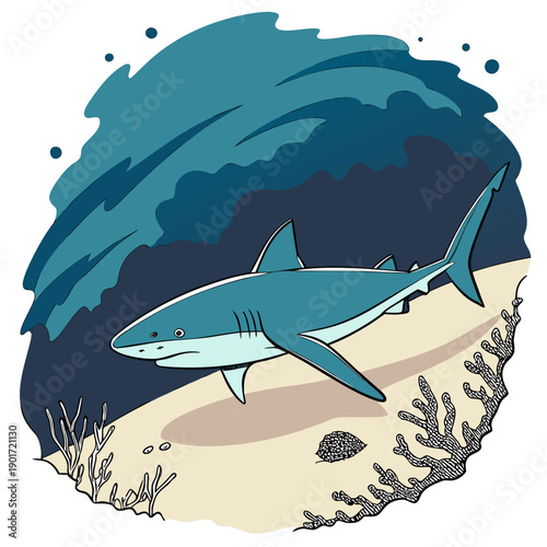 Shark swimming over sandy seabed with coral and dark blue water