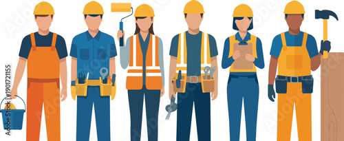 Construction Workers Vector Illustration Set with Builders, Helmets, and Tools