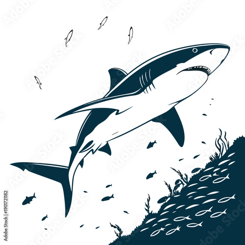 Shark swimming underwater with school of fish and seaweed