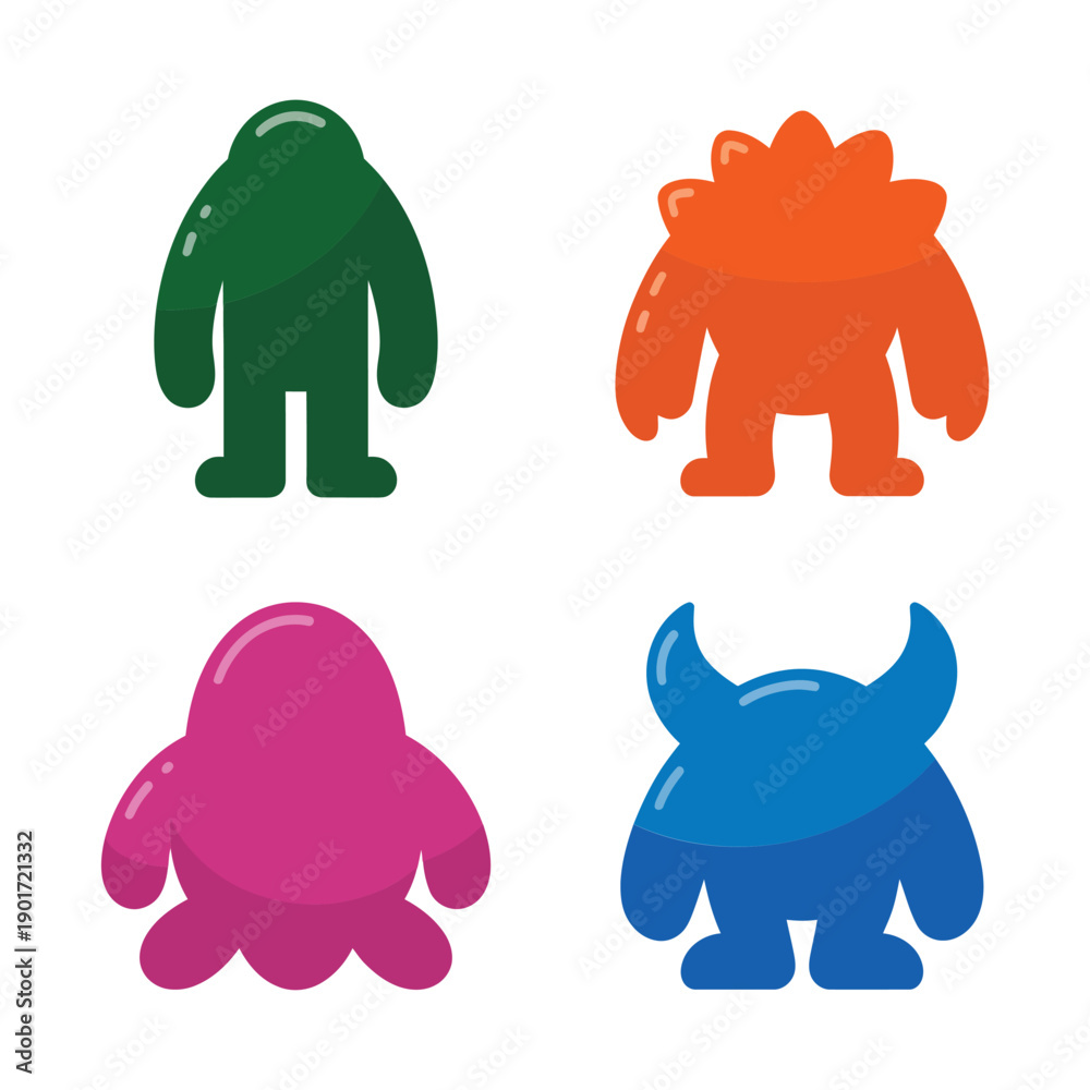 Fototapeta premium Simple monster character set with green, orange, pink and blue shapes, minimal cute aliens for preschool worksheets, storybook pages, stickers