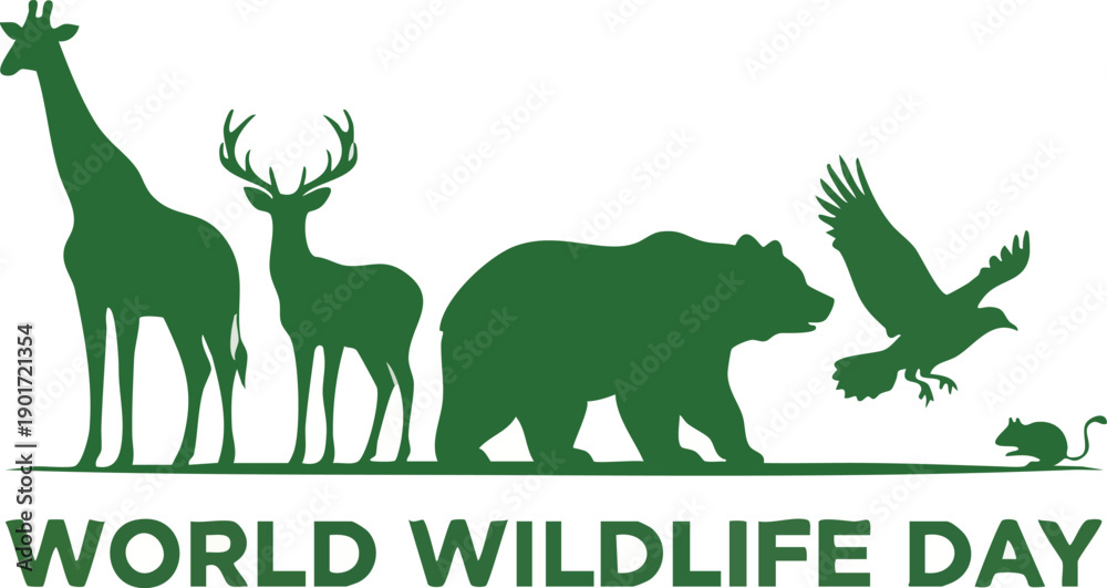 Obraz premium Green silhouette of various animals for world wildlife day celebration and conservation awareness