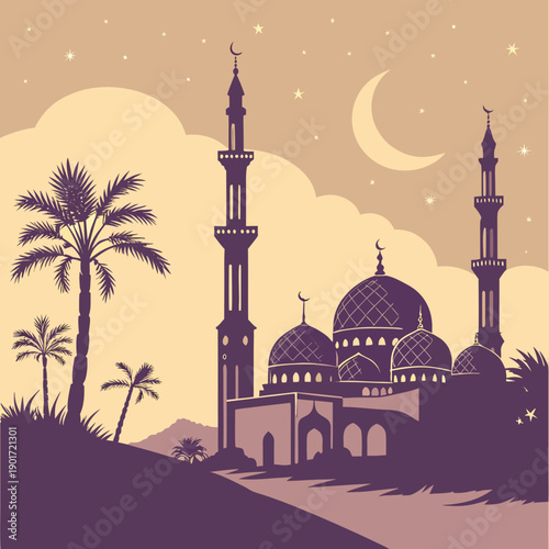 Islamic mosque silhouette with twilight glow and palm trees