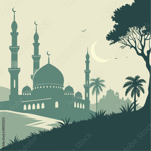 Islamic mosque skyline with minarets and domes at dusk