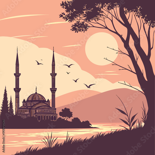 Mosque at sunset with tranquil sky minarets dome