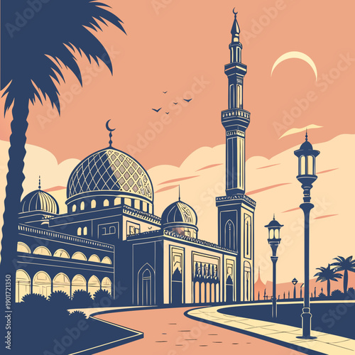 Islamic mosque with minaret and domes at soft dusk