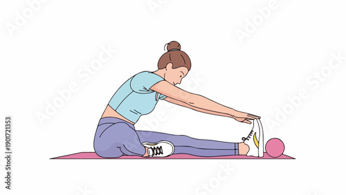 A woman stretches on a pink mat