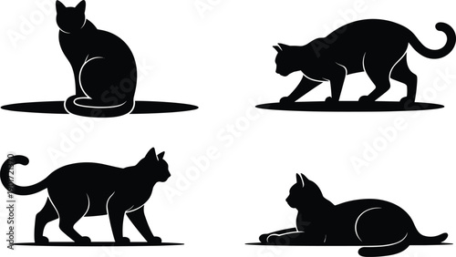 Cat silhouette set sitting walking crouching lying isolated white background black feline vector illustration collection