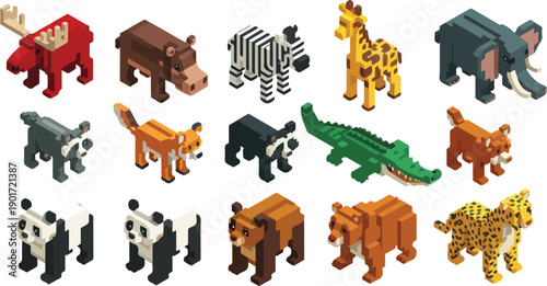 Voxel Isometric Wild Animal Vector Set for Pixel Art Game Graphics