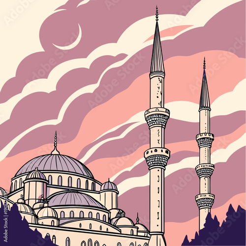 Mosque minarets against colorful twilight clouds purple
