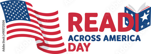 Read across america day logo with waving american flag and open book graphic