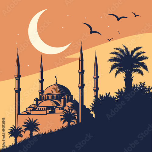 Mosque silhouette with crescent moon at twilight palm trees
