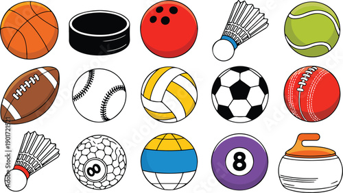 Sports Ball and Equipment Vector Illustration Set in Colorful Flat Style