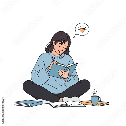 A woman sits cross-legged with books and a cup of coffee