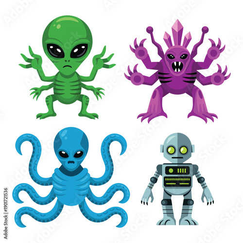 Alien squad with purple multi armed mutant, green invader, blue tentacle beast, friendly robot, Halloween event poster, arcade game vector.