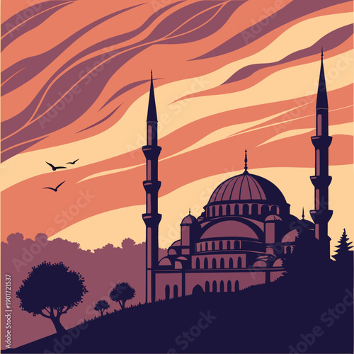 Mosque silhouette with minarets at dusk sunset